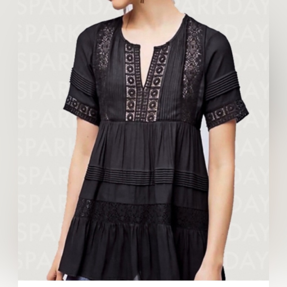 Maeve Anthropologie Black Crocheted Vneck tunic blouse XS